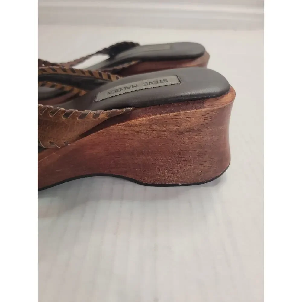 Vintage Steve Madden Chunky Wood Platform Wedge Sandals Size 7.5B Tan Boho Y2K